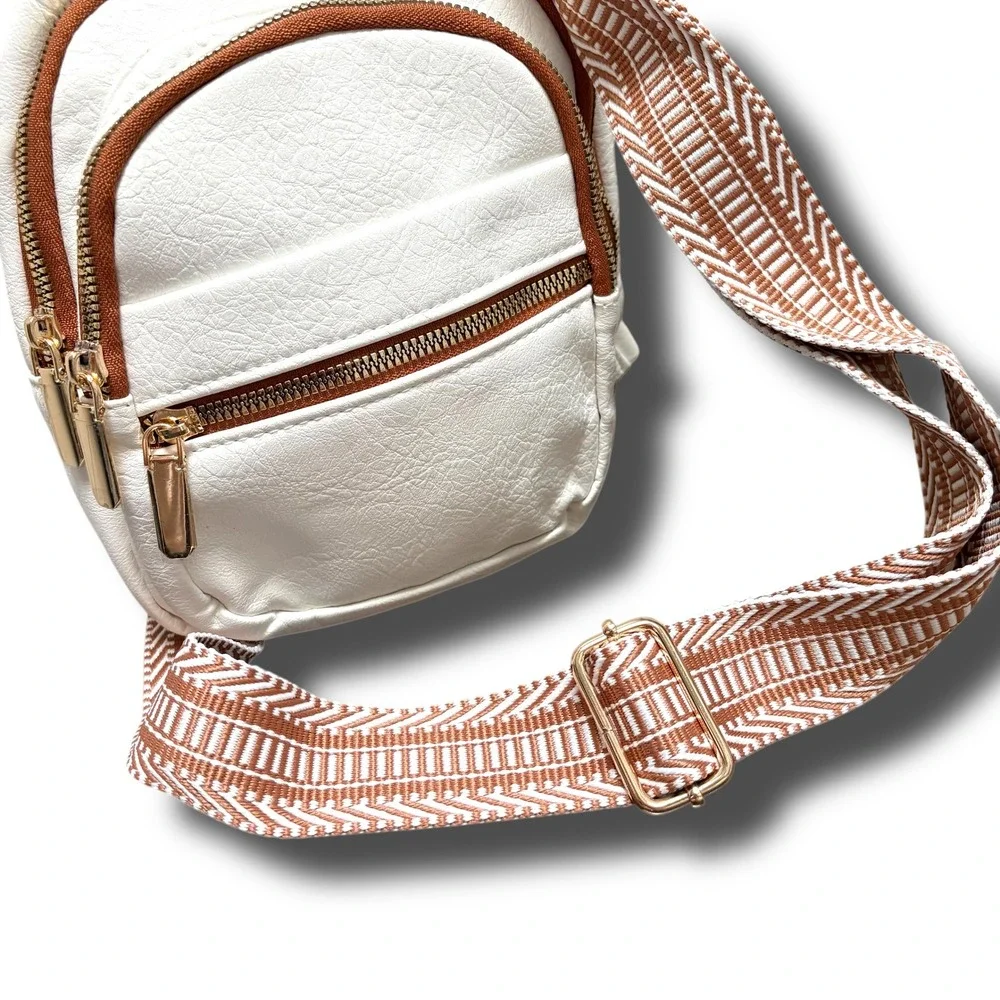 Cream Vegan Leather Sling Bag Brown Trim Patterned Crossbody Chest Pack‎ Small